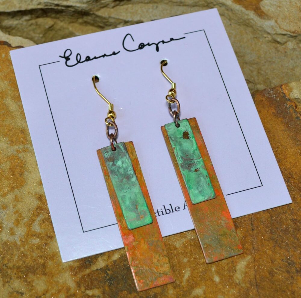 Elaine Coyne Verdigris and Earth Patina Bohemian Chic Elongated Rectangle Earrings - Image 4