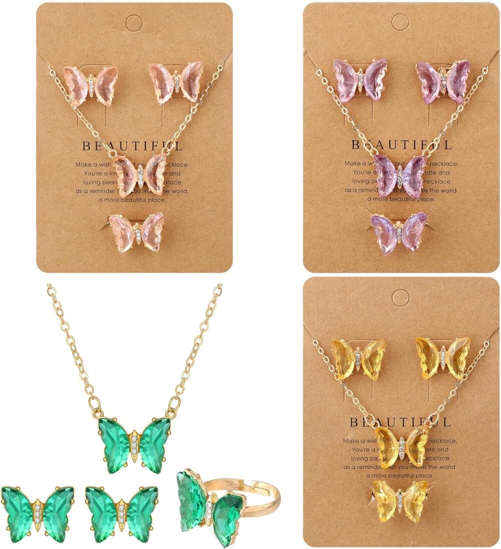 Quelay 4 Sets Butterfly Jewelry Women Butterfly Necklace Earring Ring Bohemian Adjustable Butterfly Pendant Necklace for Women Girl Christmas Wedding Valentine's Day Gift