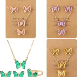Quelay 4 Sets Butterfly Jewelry Women Butterfly Necklace Earring Ring Bohemian Adjustable Butterfly Pendant Necklace for Women Girl Christmas Wedding Valentine's Day Gift