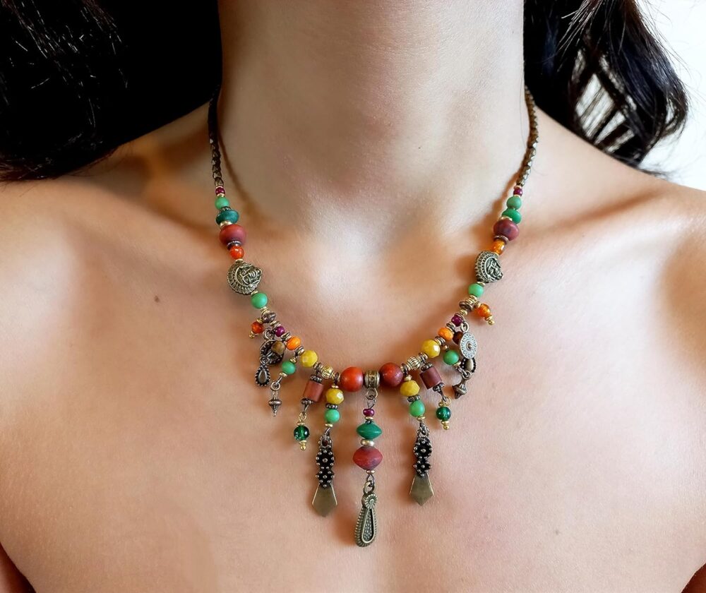 Boho statement necklace for women Ethnic beaded necklace for ladies Tribal big necklace Tibetan necklace Gypsy necklace Bohemian jewelry - Image 2