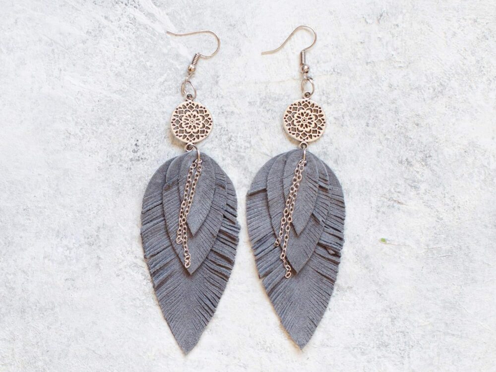 Grey suede Leather Earrings, feather layered earrings, Boho, dangle earrings, bohemian, fringe, long earrings - Image 2