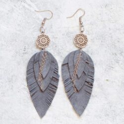 Grey suede Leather Earrings, feather layered earrings, Boho, dangle earrings, bohemian, fringe, long earrings - Image 2