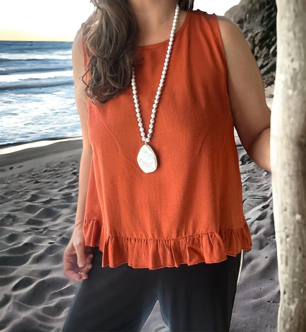 Long Genuine Stone beads and Pendant Necklace for Woman. Hand Knotted natural stone beads with big non-precious stone statement necklace. HANDMADE Boho (White) - Image 2