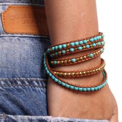 KELITCH Womens Turquoise Bracelets Leather 5 Wrap Bracelet Gold Silver Mixed Strand Bracelets - Image 3