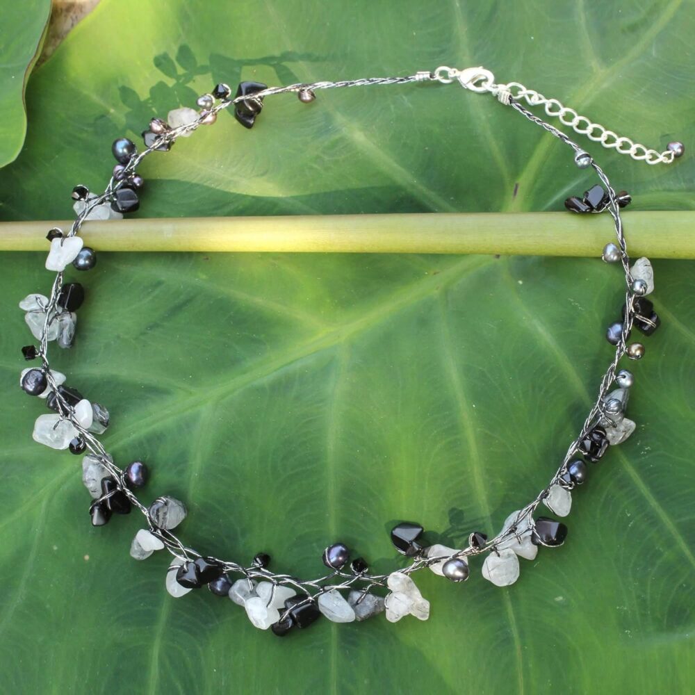 Handmade Cultured Freshwater Pearl Tourmalinated Quartz Necklace - Image 2