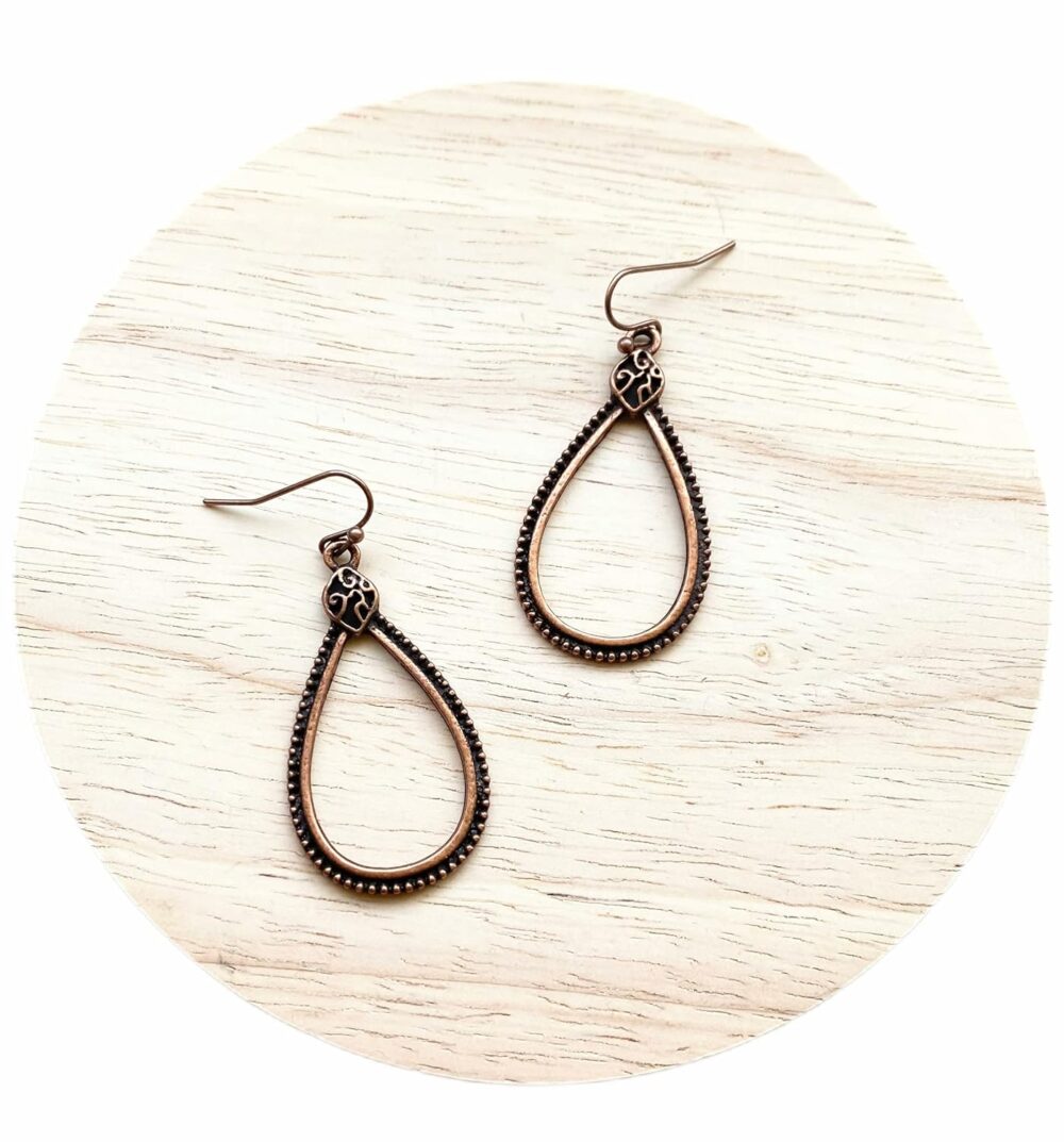 Detailed Copper Teardrop Dangle Earrings - Image 2