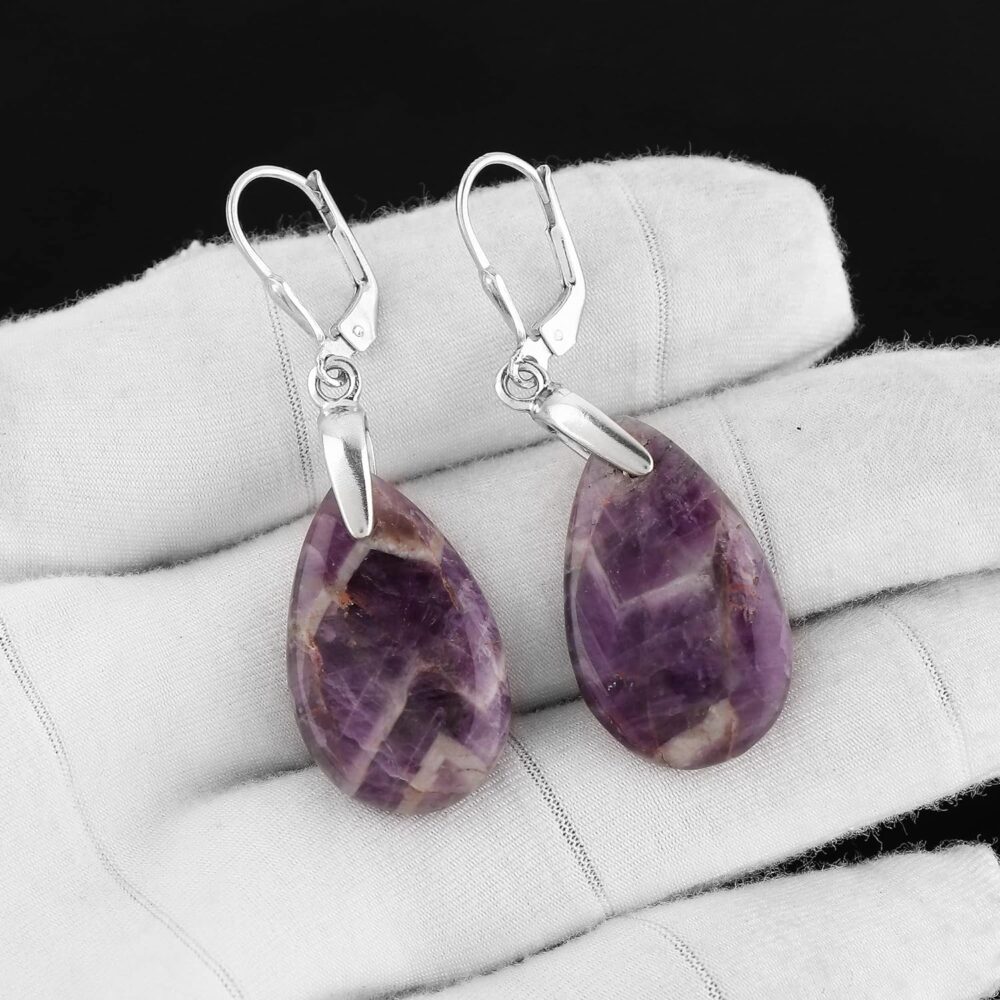 Solid 925 Sterling Silver Earrings, Natural Chevron Amethyst Gemstones Earrings for Women, Tear Drops, Birthstones, Bohemian Handmade Elegant Statement Jewelry, Wedding, Christmas Gifts - Image 4