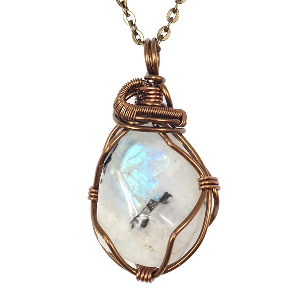 Handmade Rainbow Moonstone Necklace 24 Inch Chain Antique Bronze, June Birthstone