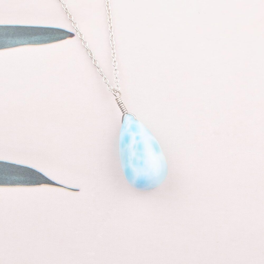 Natural Larimar Necklace Pendant Rhodium Plated 925 Sterling Silver, Teardrop Gemstone Necklace, Artisan Pendant, Silver Jewelry, Silver Wire, Dainty Pendant, Gift Her - Image 2