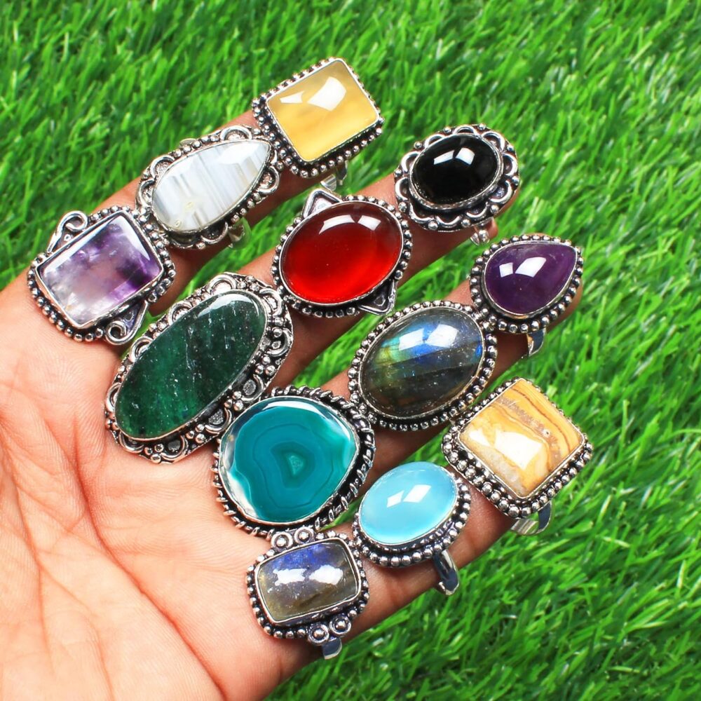 Carats Chunky Silver Rings Pack for Women - 10 Pcs - Stackable Fashion Ring Set, Silver Plated Statement Knuckle Handmade Gemstone Gothic Vintage Rings for Girls - Image 5