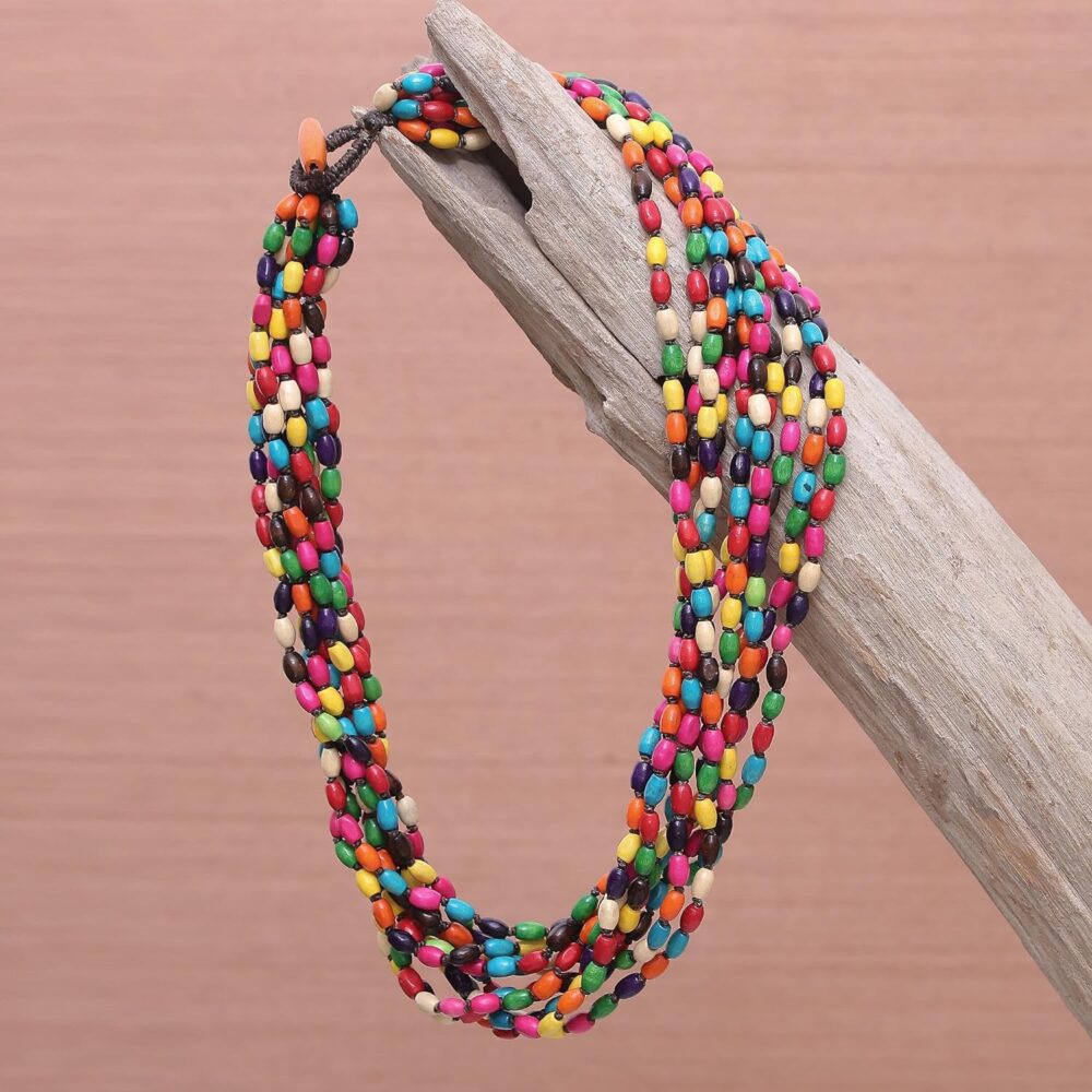 Handknotted Wood Torsade Necklace: Multicolor Beaded Jewelry, Stone Upcycled Thailand - Image 2