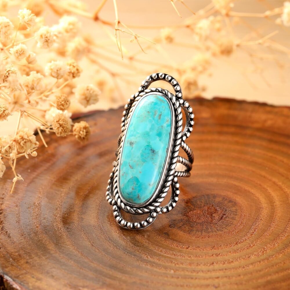 Turquoise/Teal Turquoise/Spiny Turquoise Ring for Women 925 Sterling Silver Oval Bohemian Ring for Valentine Day Oxidized Silver Statement Rings Size 6-9 - Image 2