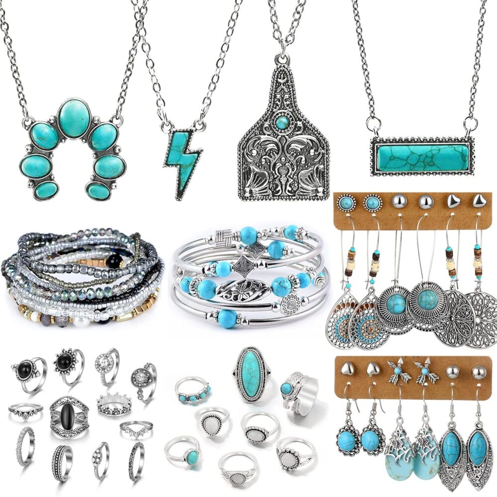 IFKM 47 PCS Silver Bohemian Jewelry Set With 4pcs Turquoise Necklace,12 pairs Dangle Earrings, 11pcs Stackable Bangle Bracelets, 20pcs Knuckle Rings For Women Girls Vintage Western Boho Turquoise