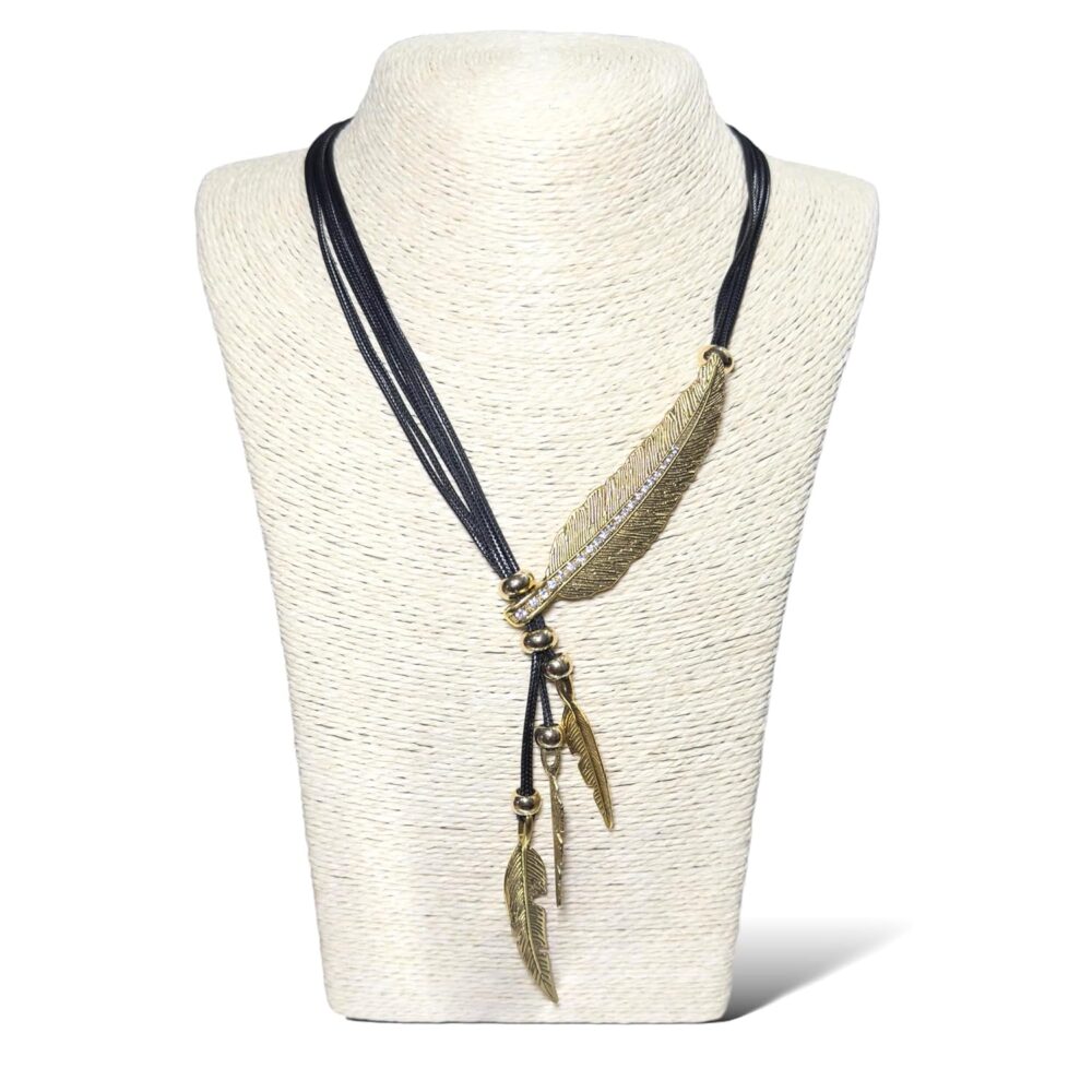 Bohemian Style Rope Chain Leaf Feather Pattern Pendant Necklace Fashion Accessories for Women (Black Rope - Gold)