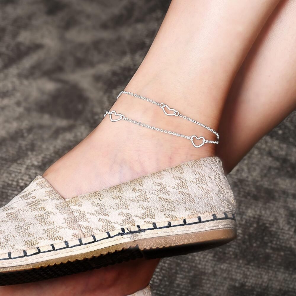 ELEGANZIA Heart Anklet for Women Sterling Silver, Minimalist Love Charm Ankle Bracelets for Girls, Adjustable Layered Heart Foot Chain Silver - Image 2