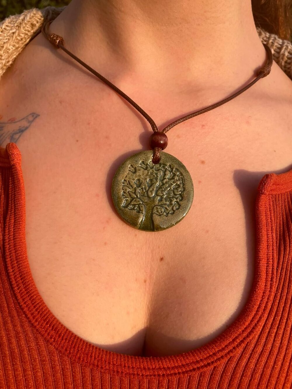 Tree of Life - Green Handmade Ceramic Pendant Necklace, Adjustable Cord, for Unisex, Women, Men, Bohemian, Rustic, Vintage Style Jewelry - Image 2