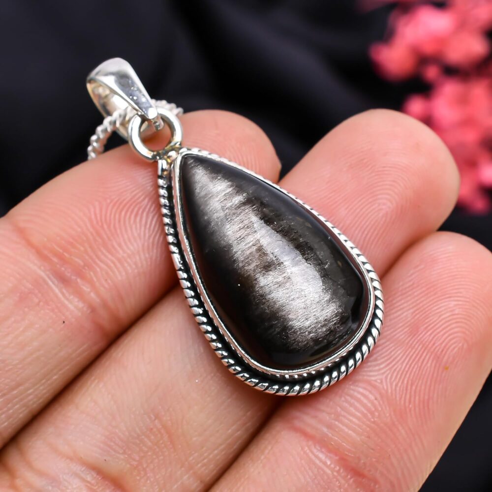 Universe Kart 925 Sterling Silver Bohemian Pendant Necklace for Women with Drop Silver Obsidian Gemstone - Image 3