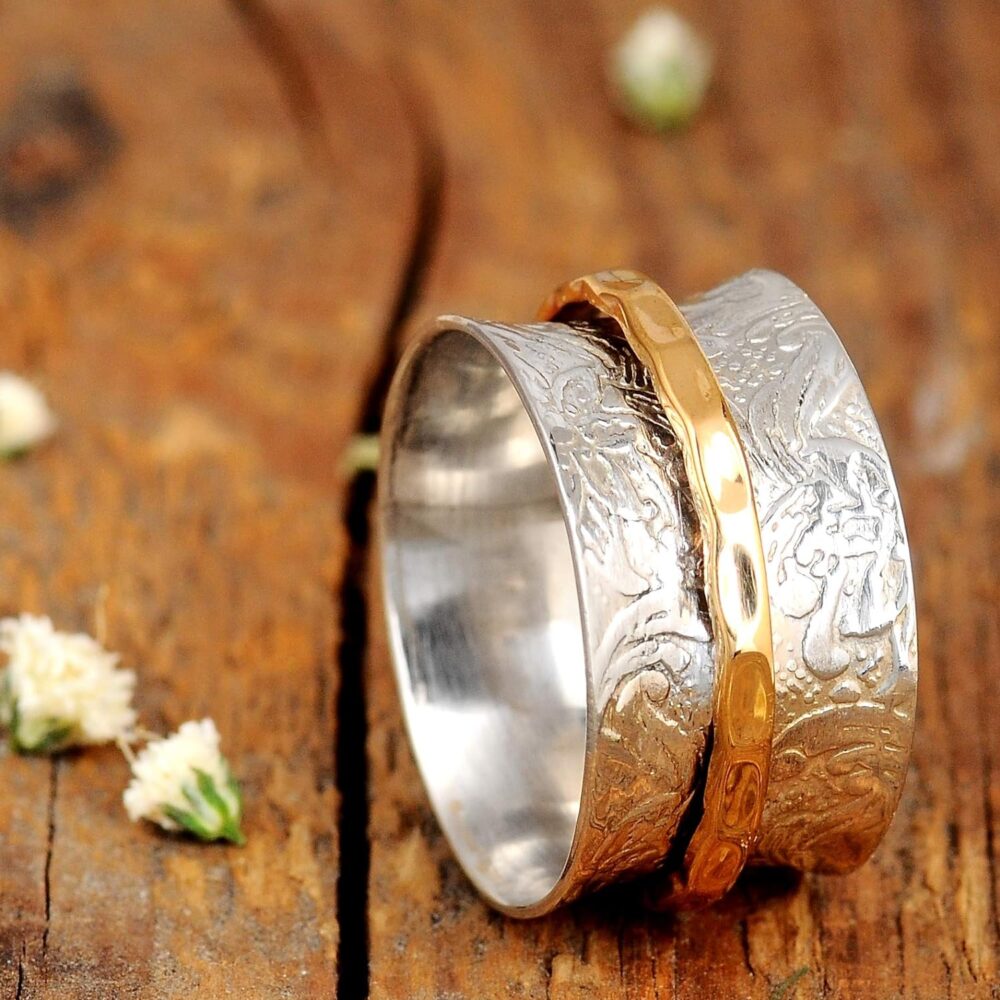 Boho-Magic 925 Sterling Silver Spinner Ring for Women with Brass Fidget Ring Flowers Band - Image 8