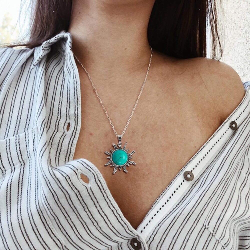 Turquoise Necklace for Women, Boho Sun Pendant Necklace with Stainless Steel Chain, Handmade Spiritual Healing Stone Western Necklace for Women (Green Turquoise) - Image 4