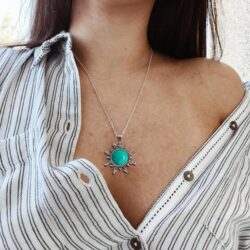 Turquoise Necklace for Women, Boho Sun Pendant Necklace with Stainless Steel Chain, Handmade Spiritual Healing Stone Western Necklace for Women (Green Turquoise) - Image 4