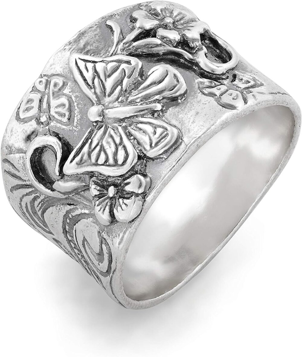 PZ Paz Creations 925 Sterling Silver Butterfly Floral Band Ring for Women | Vintage Style Statement Bohemian Jewelry Gift | Unique Artisan Fashion Chunky Rings