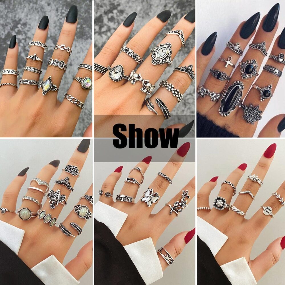 Vintage Silver Knuckle Rings Set for Women Men, Chunky Rings Aesthetic Snake Grunge Stackable Gothic Ring Adjustable Y2K Punk Bulky Boho Finger Alt of Rings, Stacking Fairy Skull Frog Heart Star Flower Midi Ring Pack - Image 5