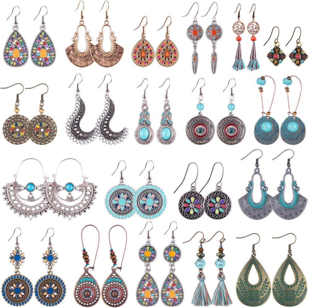 Duufin 20 Pairs Bohemian Earrings Vintage Drop Dangle Earrings Boho Earrings Set Statement Earrings Alloy Long Boho Dangle Earrings for Women