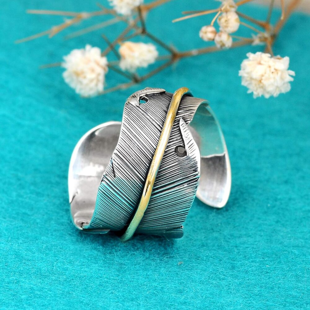 Boho-Magic 925 Sterling Silver and Brass Leaf Adjustable Ring for Women, Cool Plain Simple Open Wrap Feather Ring Size 7-10 - Image 6