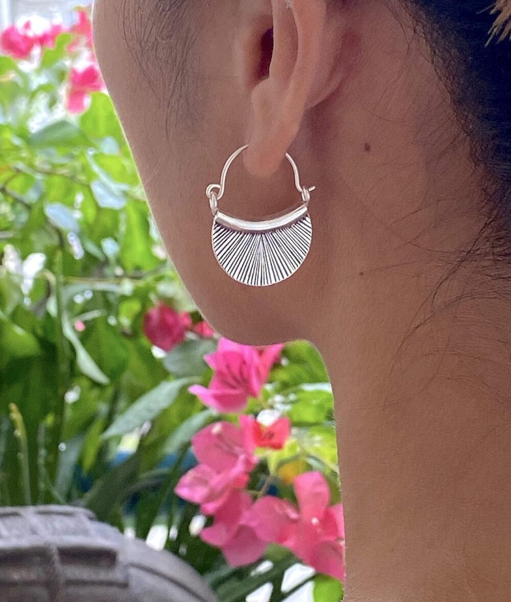 Sterling Silver Handmade Crescent Boho Hoop Earrings, 7/8" x 1 1/4" Half Moon Shape Ethnic Hippie Gypsy Bohemian Style, Gift for Her - Image 2