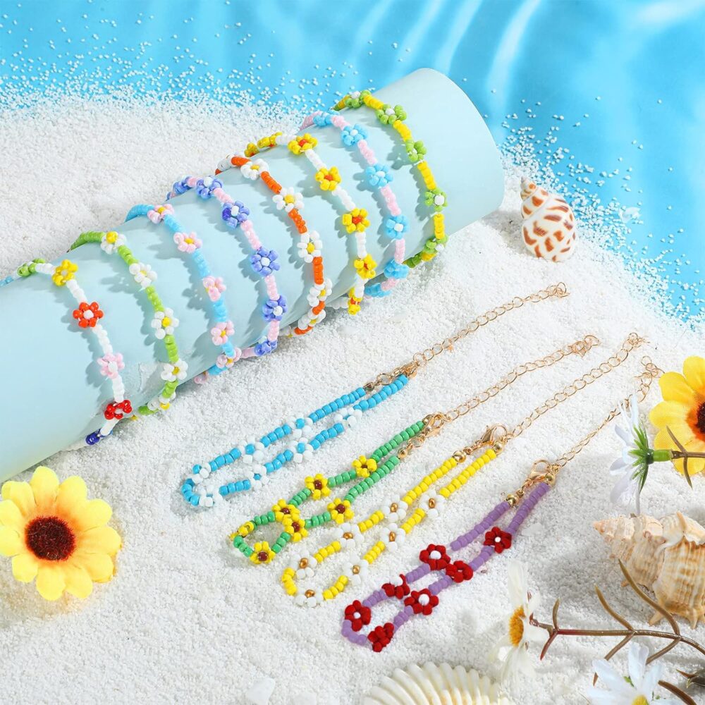 MTLEE 12 Pcs Colorful Flower Bracelets Indie Handmade Daisy Friendship Bracelets Cute Bohemian Y2K Adjustable Flower Girl Summer Bracelet Anklet for Women Girls Aesthetic Summer Accessories - Image 3