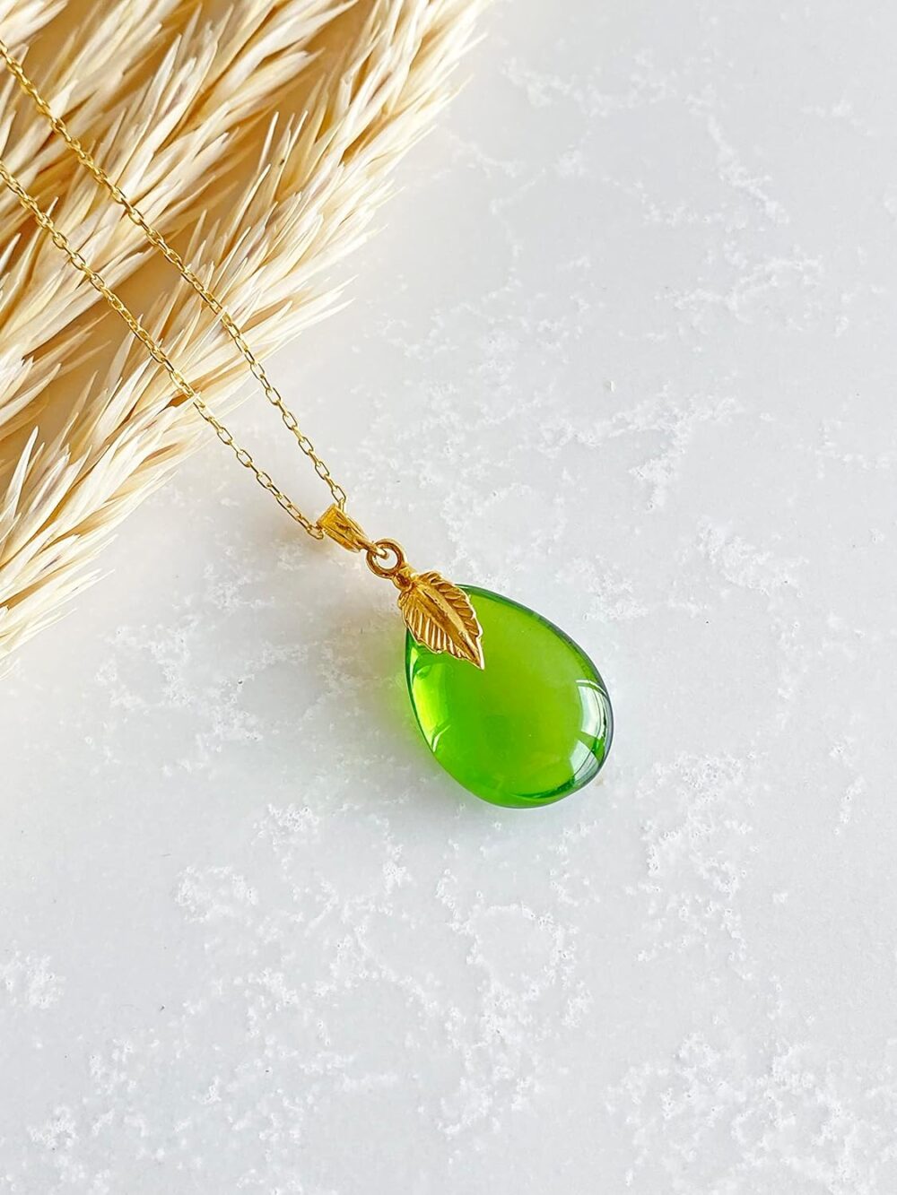 Green Amber Pendant Necklace with 925 Sterling Silver Leaf Figure and 18 inch Chain 18K Gold Plated, Green Amber Necklace for Women, Amber Stone Jewelry, HandMade from Amber (Green Puff) - Image 6