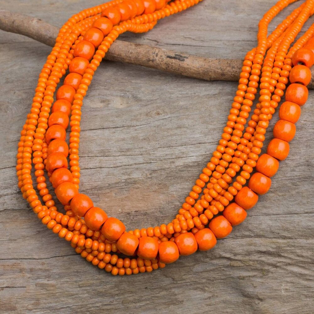 Handmade Wood Beaded Necklace Orange from Thailand - Tangerine Cadmium Nature 'Solar Dance - Image 3