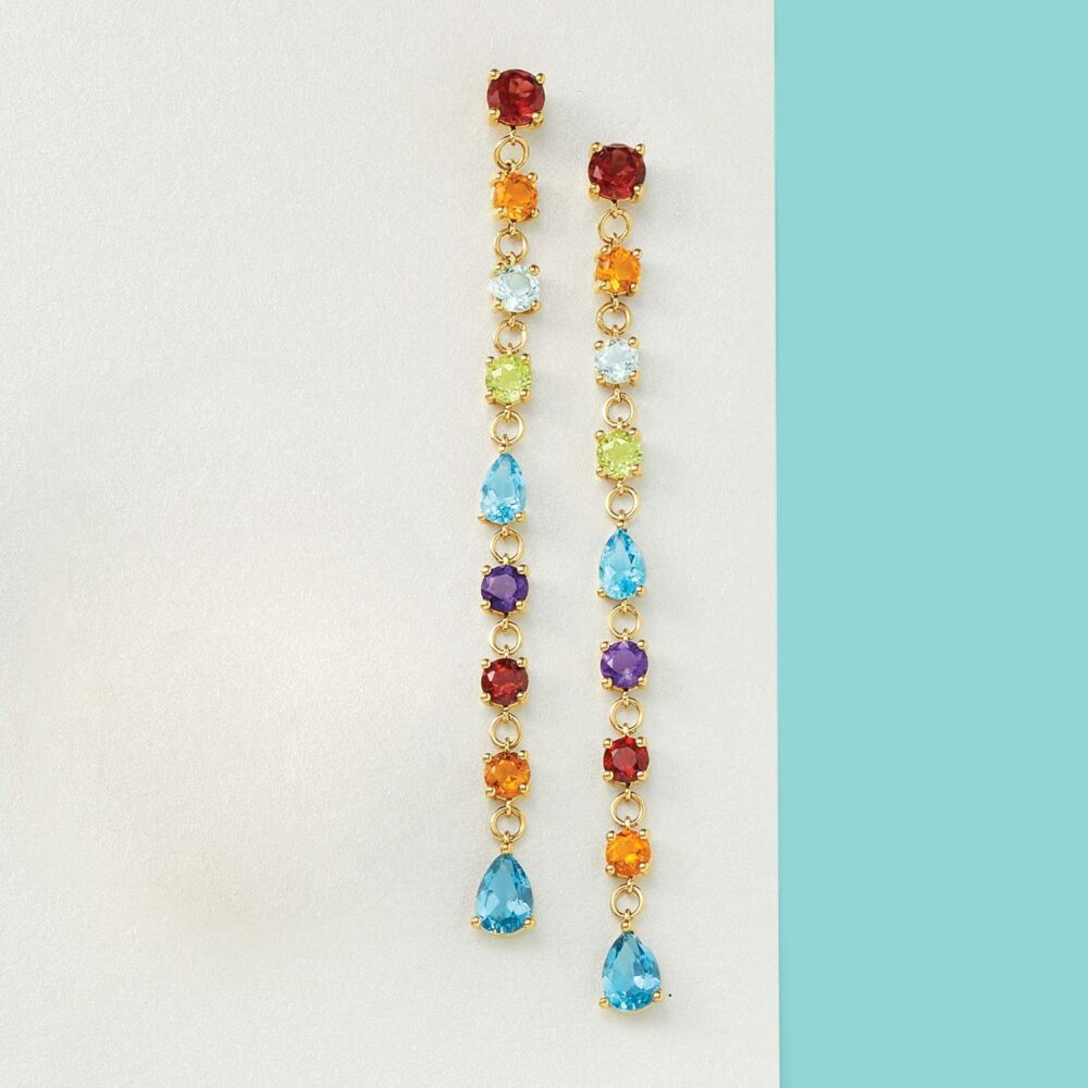 Ross-Simons 6.90 ct. t.w. Multi-Gemstone Linear Drop Earrings in 18kt Gold Over Sterling - Image 3