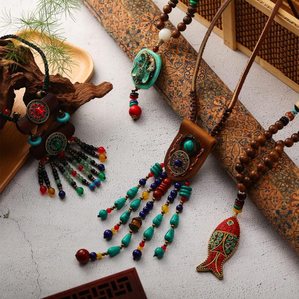 4 Pieces Long Boho Necklaces for Women, Bohemian Wood Beads Pendant Vintage Beaded Necklaces Turquoise Fish Elephant Necklace Chunky Nepal Necklace for Women Girl Jewelry - Image 7