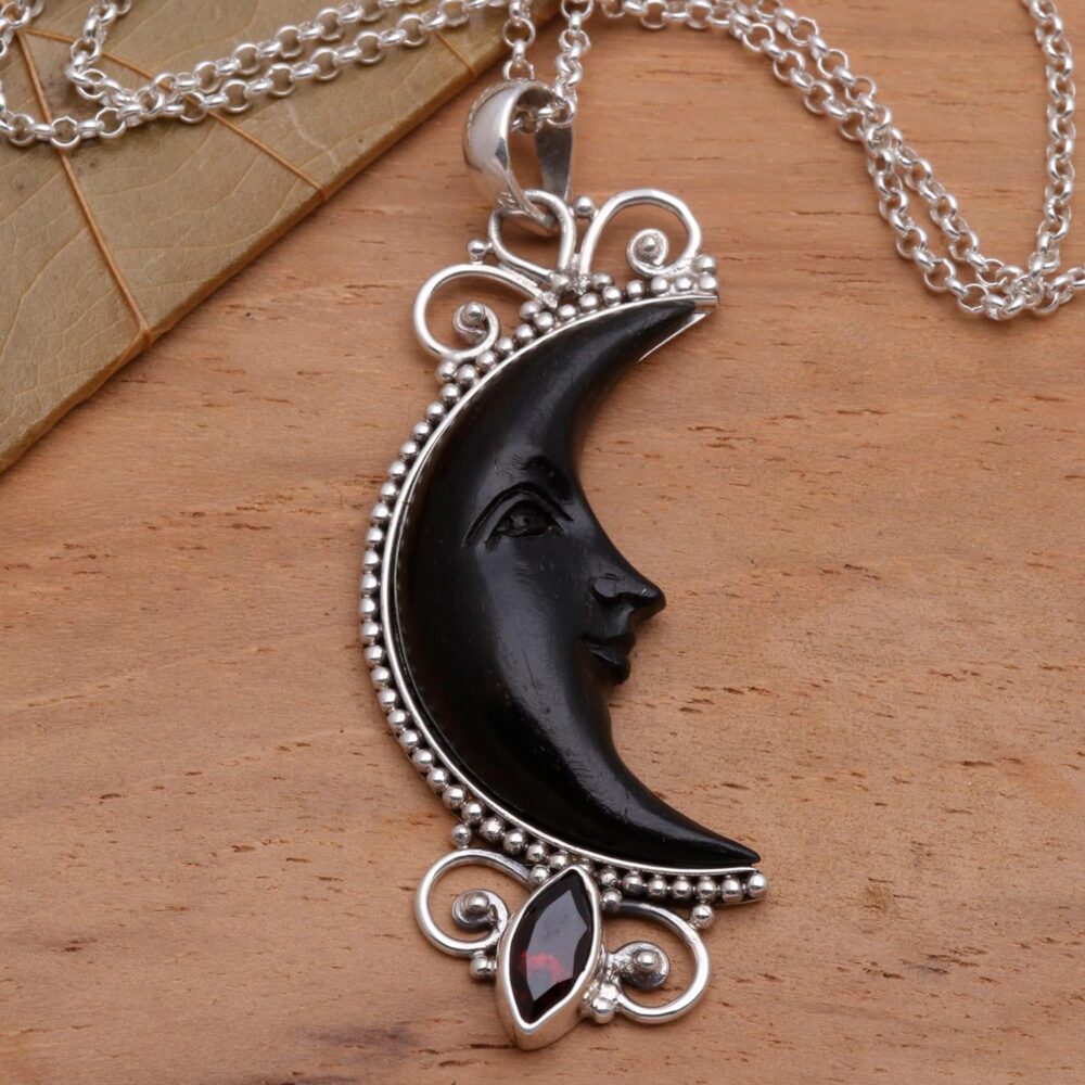 Handmade Garnet Buffalo Horn Pendant Necklace - Sterling Silver Moon and Sun Birthstone - Image 4