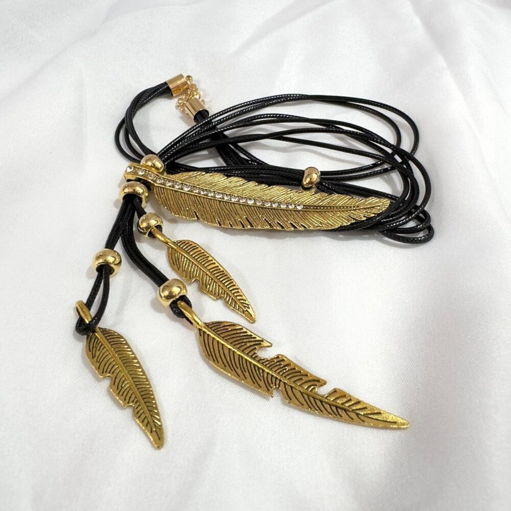 Bohemian Style Rope Chain Leaf Feather Pattern Pendant Necklace Fashion Accessories for Women (Black Rope - Gold) - Image 7