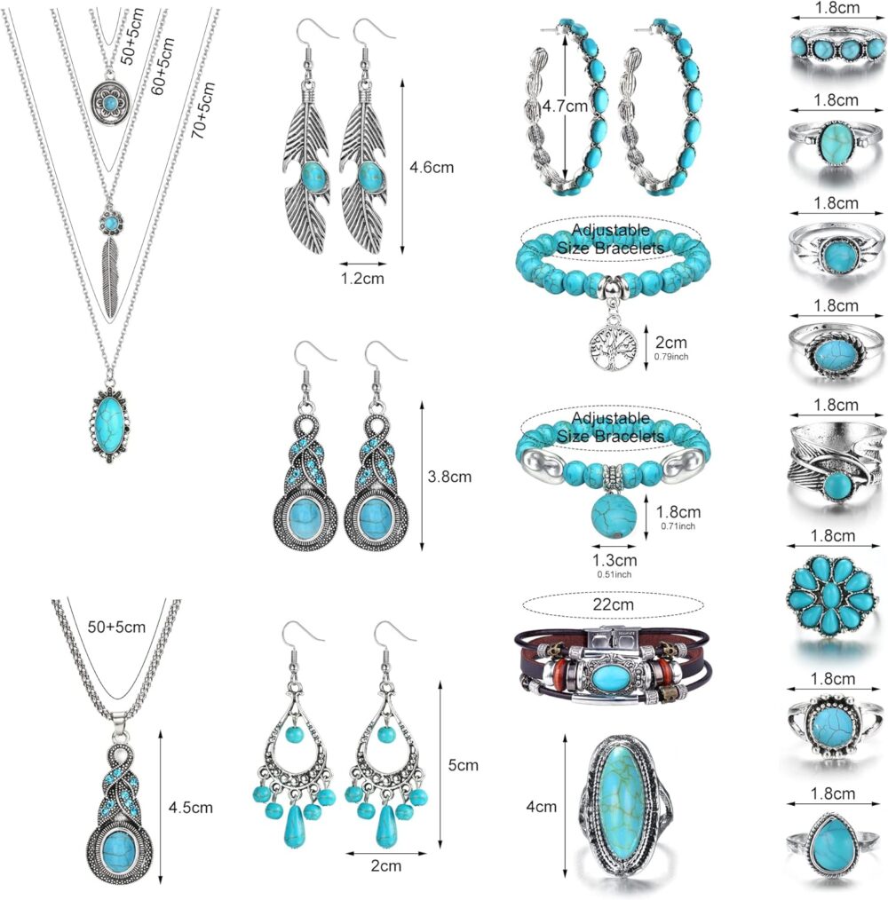 FIBO STEEL Bohemian Turquoise Jewelry Set for Women Western Jewelry Vintage Turquoise Pendant Necklace Turquoise Bead Bracelet Leather Cuff Bracelet Turquoise Dangle Earrings Turquoise Knuckle Rings Boho Jewelry - Image 2