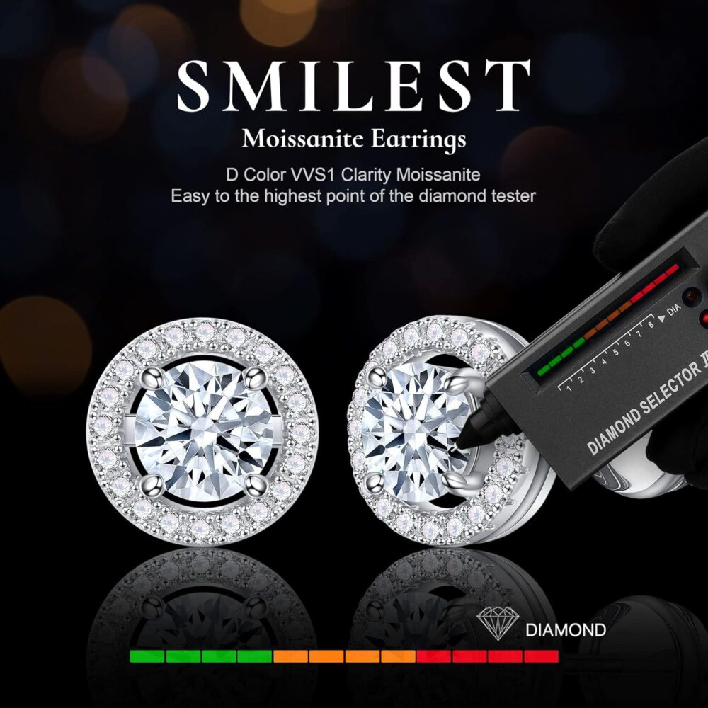 SMILEST 1-2ct Moissanite Halo Earrings for Women Men, Princess Cushion D Color VVS1 Clarity Lab Created Diamond Earrings 18K White Gold Vermeil S925 Sterling Silver Moissanite Earrings for Women Gifts - Image 2