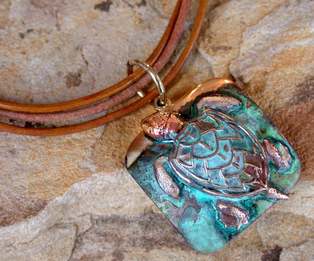 Verdigris Patina Solid Brass Large Sea Turtle Pendant on Triple Rawhide - USA Made - Image 2