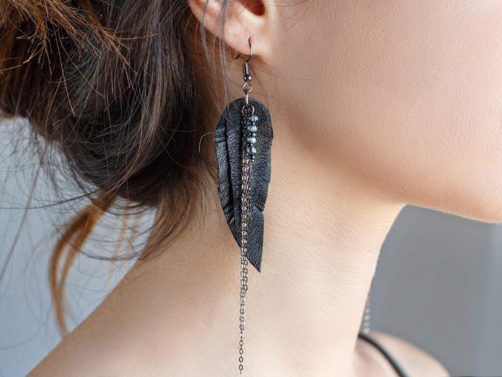 Black Leather Earrings with chains, Feather layered earrings, tribal Earrings, Boho earrings, dangle earrings, long earrings - Image 3