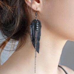 Black Leather Earrings with chains, Feather layered earrings, tribal Earrings, Boho earrings, dangle earrings, long earrings - Image 3