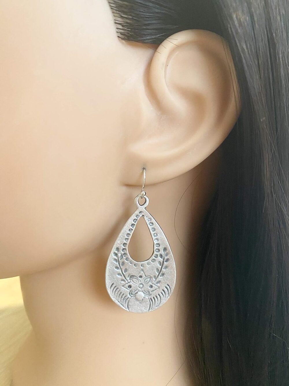 Antique Silver Floral Stamp Teardrop on Sterling Silver Earrings Boho Women Handmade Sundance Dreams Designs - Image 2