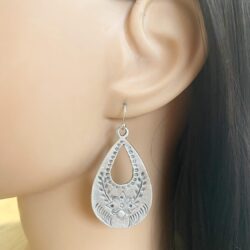 Antique Silver Floral Stamp Teardrop on Sterling Silver Earrings Boho Women Handmade Sundance Dreams Designs - Image 2