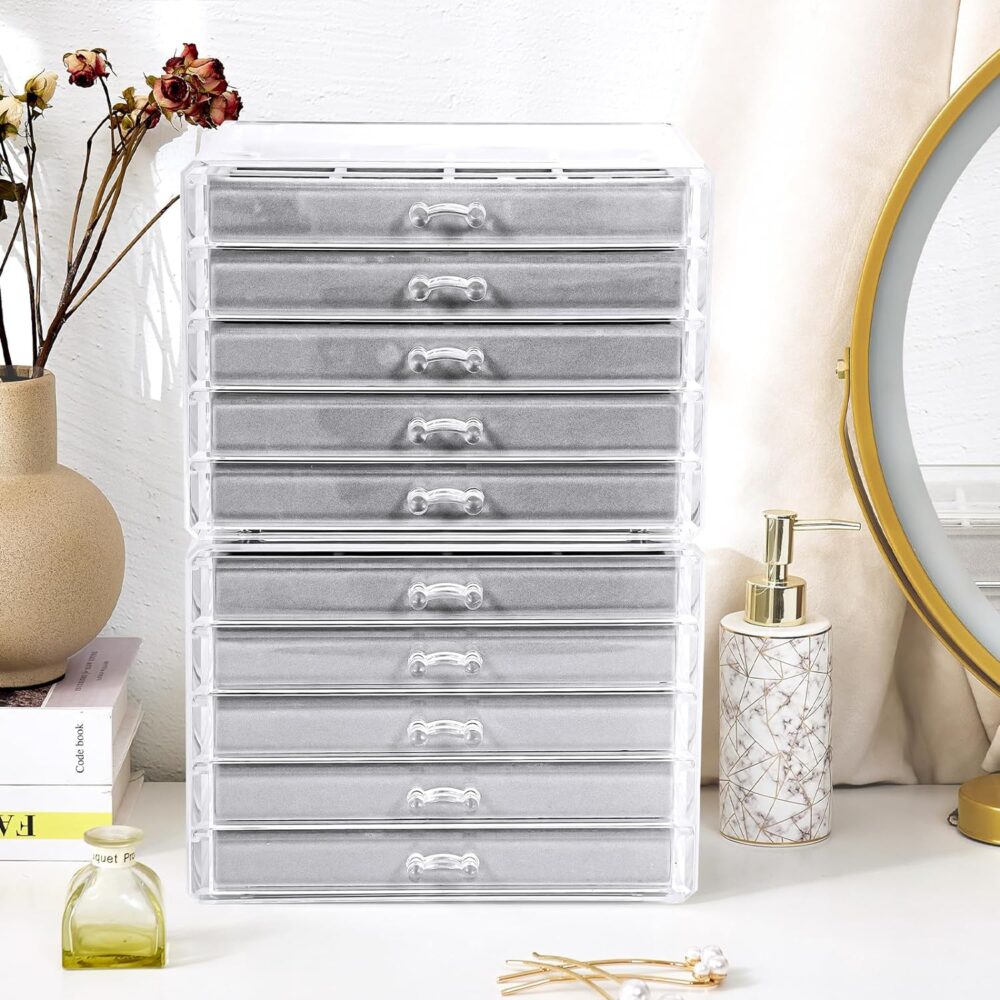 ProCase Earring Holder Organizer Jewelry Box with 10 Drawers, Acrylic Clear Earring Case with Adjustable Velvet Trays for Women - Grey, 10 Layers - Image 6