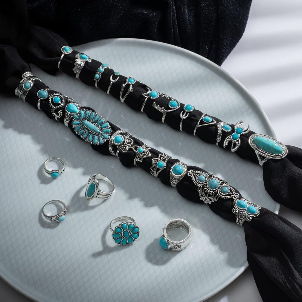 Vintage Silver Knuckle Rings Set for Women Western Turquoise Rings Bohemian Midi Ring Bulk, Chunky Rings,Retro Stone Crystal Stackable Joint Finger Ring Pack… - Image 2