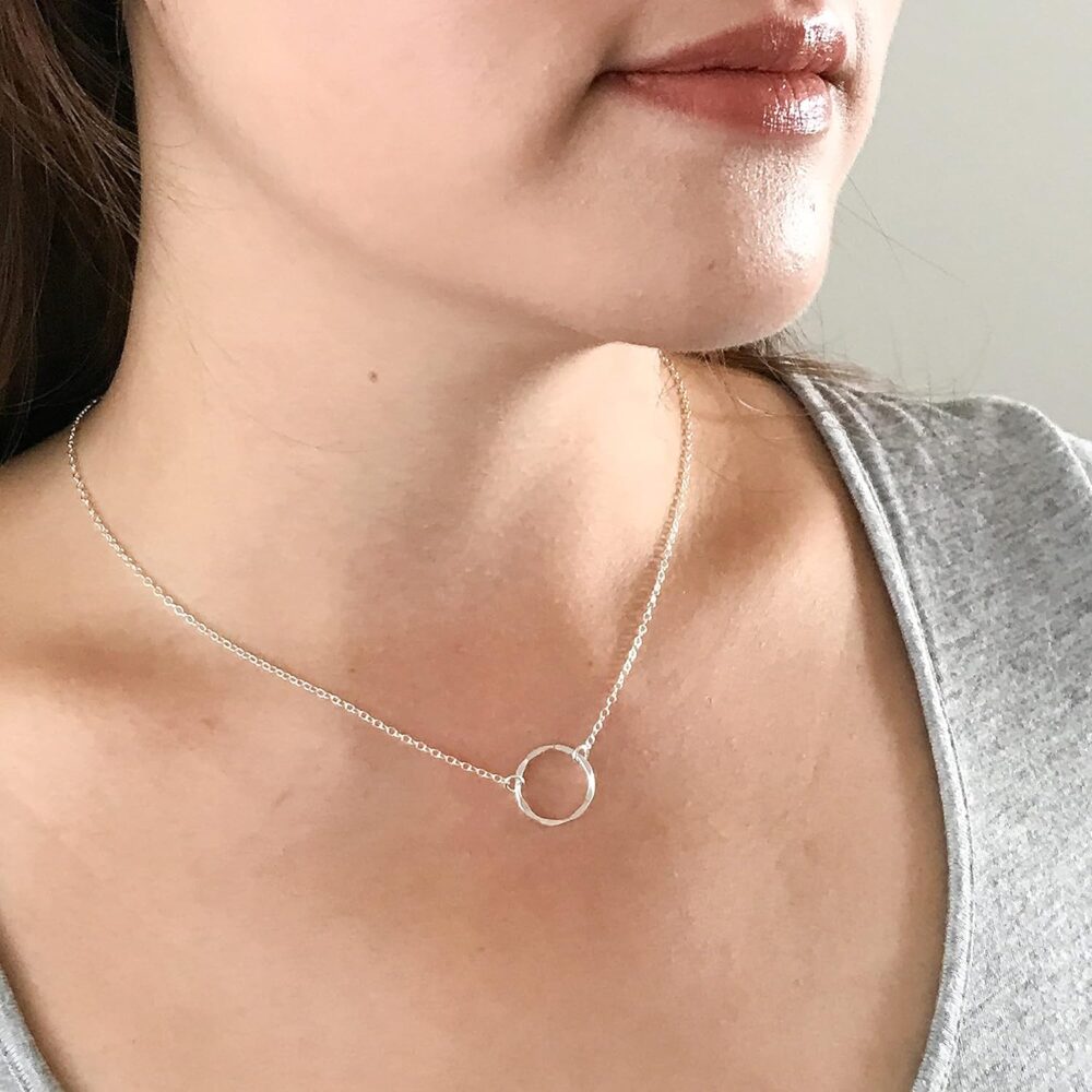 Open Circle Necklace for Women - Sterling Silver Karma Necklace Choker Layer Hammered Circle Minimal Adjustable Length (15-17 inches adjustable)