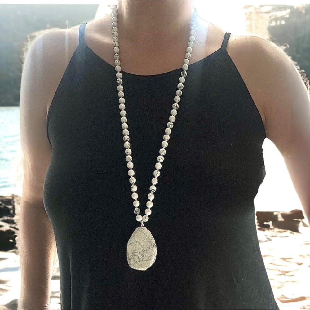 Long Genuine Stone beads and Pendant Necklace for Woman. Hand Knotted natural stone beads with big non-precious stone statement necklace. HANDMADE Boho (White) - Image 3