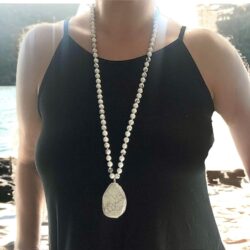 Long Genuine Stone beads and Pendant Necklace for Woman. Hand Knotted natural stone beads with big non-precious stone statement necklace. HANDMADE Boho (White) - Image 3