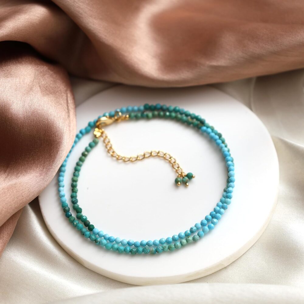 Gempires Turquoise Beaded Choker Necklaces, Crystal Necklace, 2.4-2.5 mm Beads, Bohemian Style, December Birthstone Gifts, 18 inch Adjustable 14k Gold Plated Chain - Image 4