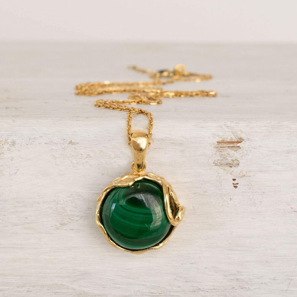 14K Yellow Gold Plated Over 925 Sterling Silver Dark Green Malachite Large Pendant; May Taurus Birthstone Necklace; Unique Jewelry For Women ; Handmade Vintage Style Malachite Necklace For Women - Image 5